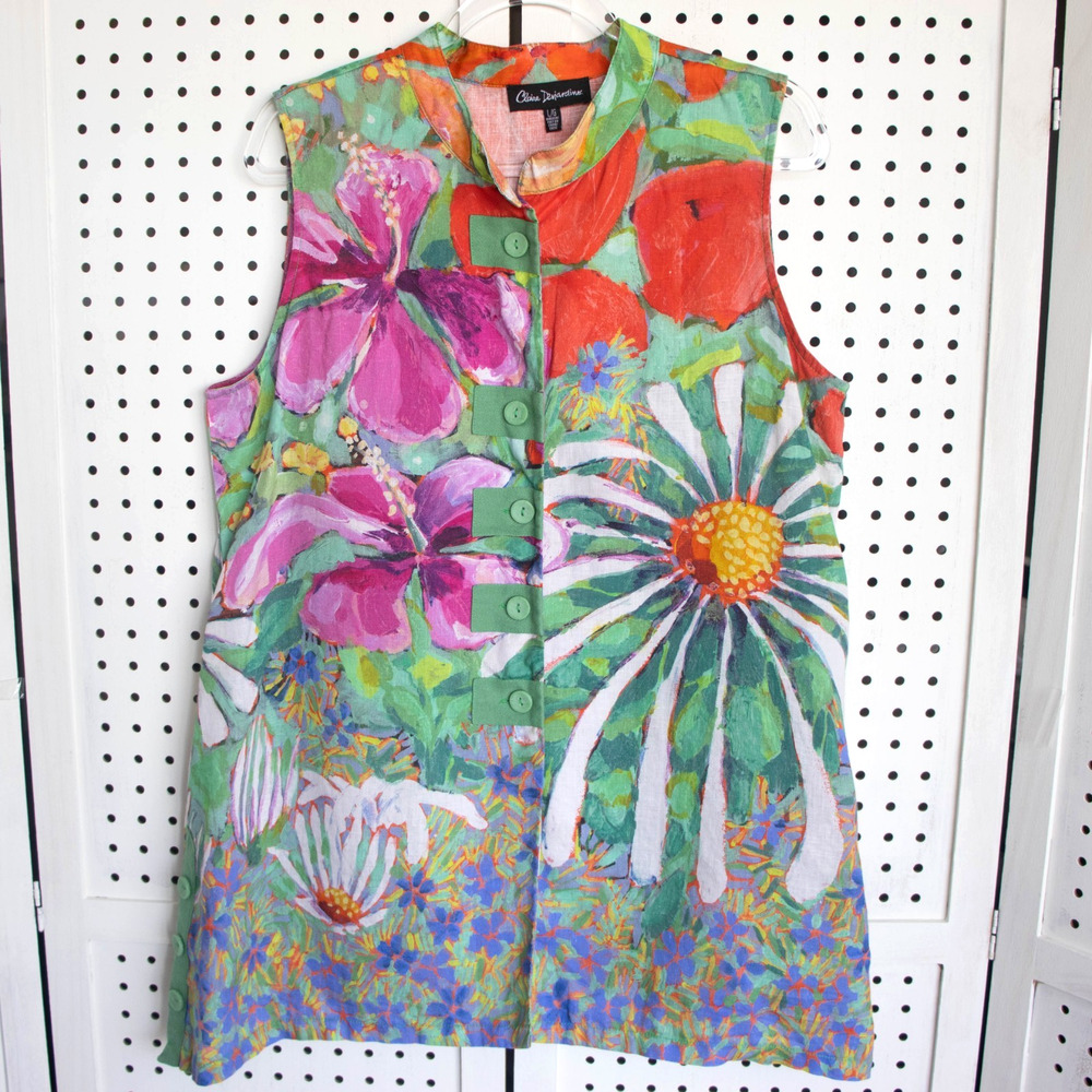 Claire Desjardins Linen‎ Floral Tunic Dress Art To Wear Women SIZE L